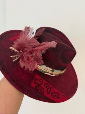 Women’s Burgundy Feather Trim Fedora Hat- Customized by Me NWOT